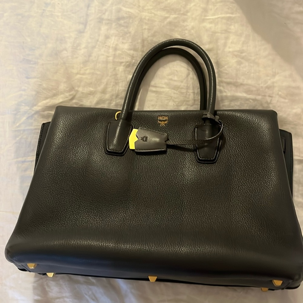 MCM Black Leather Satchel with Gold-Tone Accents